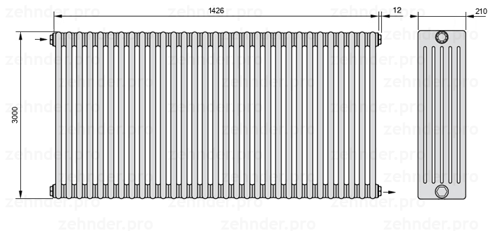 Схема (чертеж) Радиатор Zehnder Charleston 6300/31 №1670 Белый глянцевый RAL 9016
